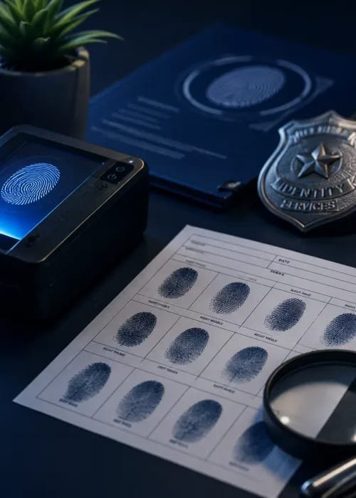FD-258 ink fingerprint card beside a live scan reader