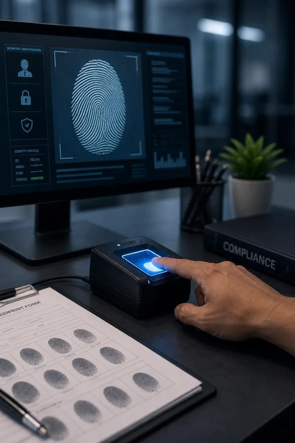 Technician capturing a fingerprint on a live scan reader beside an FD-258 card